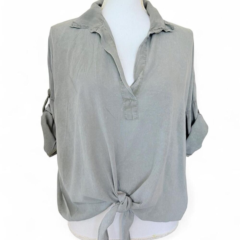 Brandy Melville Olive Khaki Sheer Button Down Shirt Top Blouse Pocket One Size